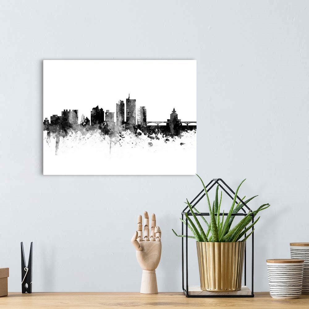 A bohemian room featuring Watercolor art print of the skyline of Cedar Rapids, Iowa, United States