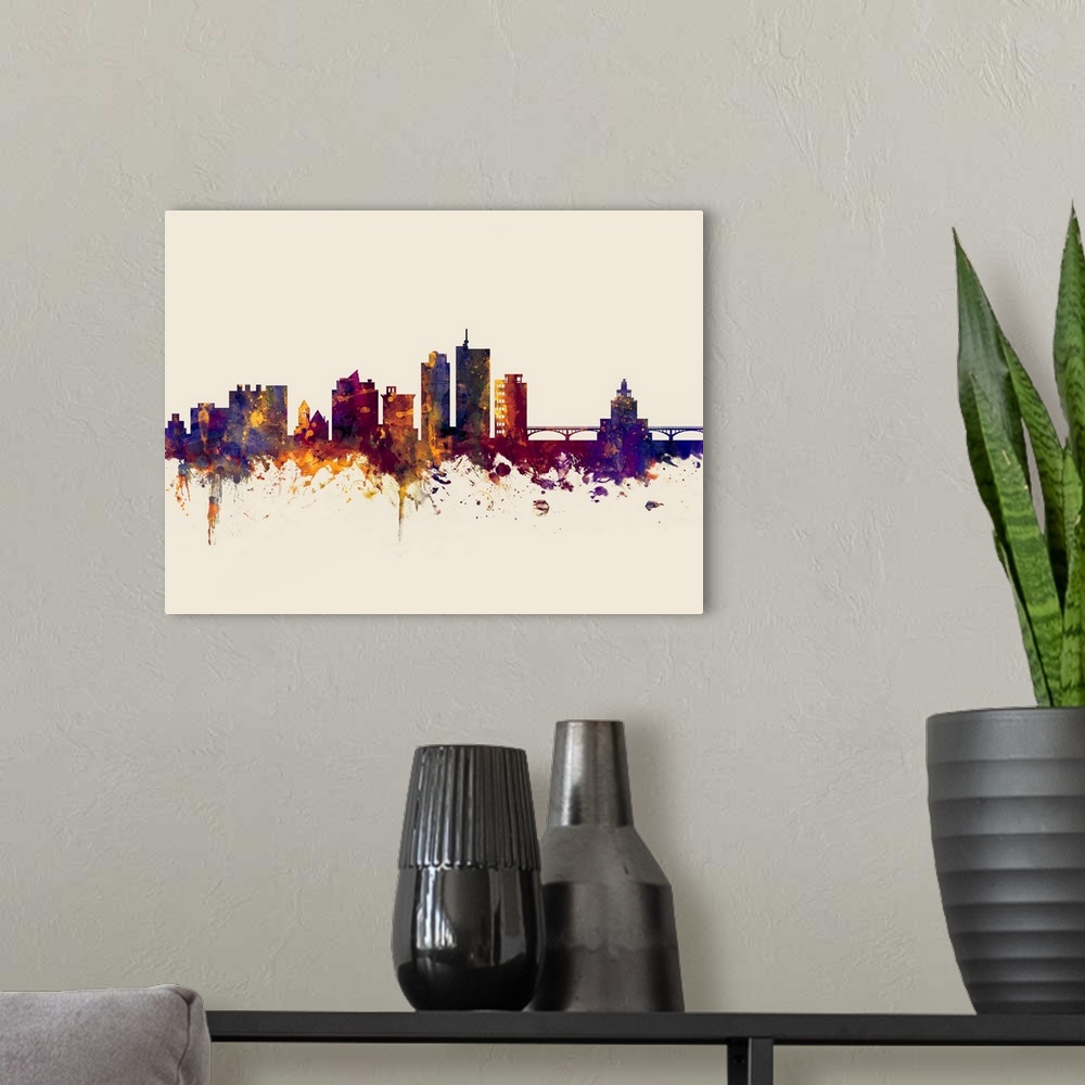 A modern room featuring Watercolor art print of the skyline of Cedar Rapids, Iowa, United States