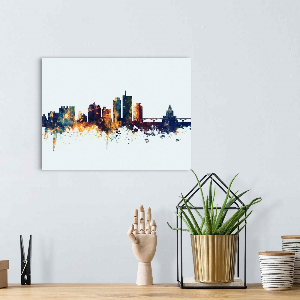 A bohemian room featuring Watercolor art print of the skyline of Cedar Rapids, Iowa, United States