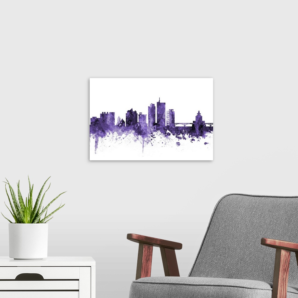 A modern room featuring Watercolor art print of the skyline of Cedar Rapids, Iowa, United States