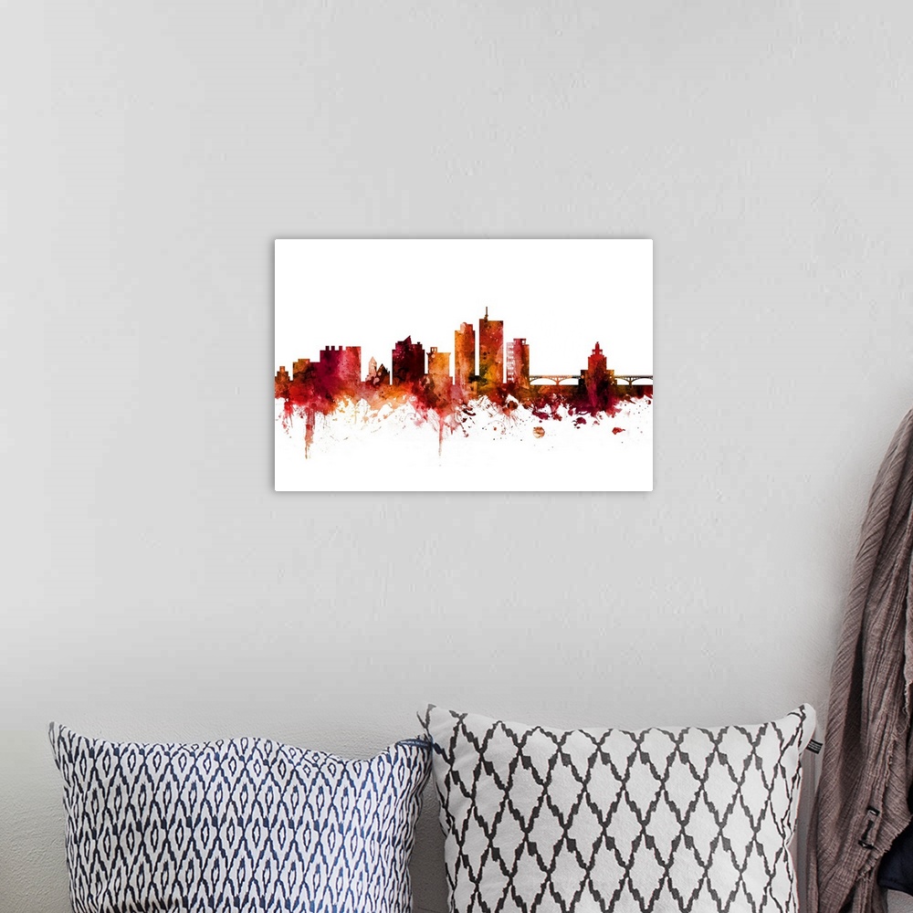 A bohemian room featuring Watercolor art print of the skyline of Cedar Rapids, Iowa, United States.