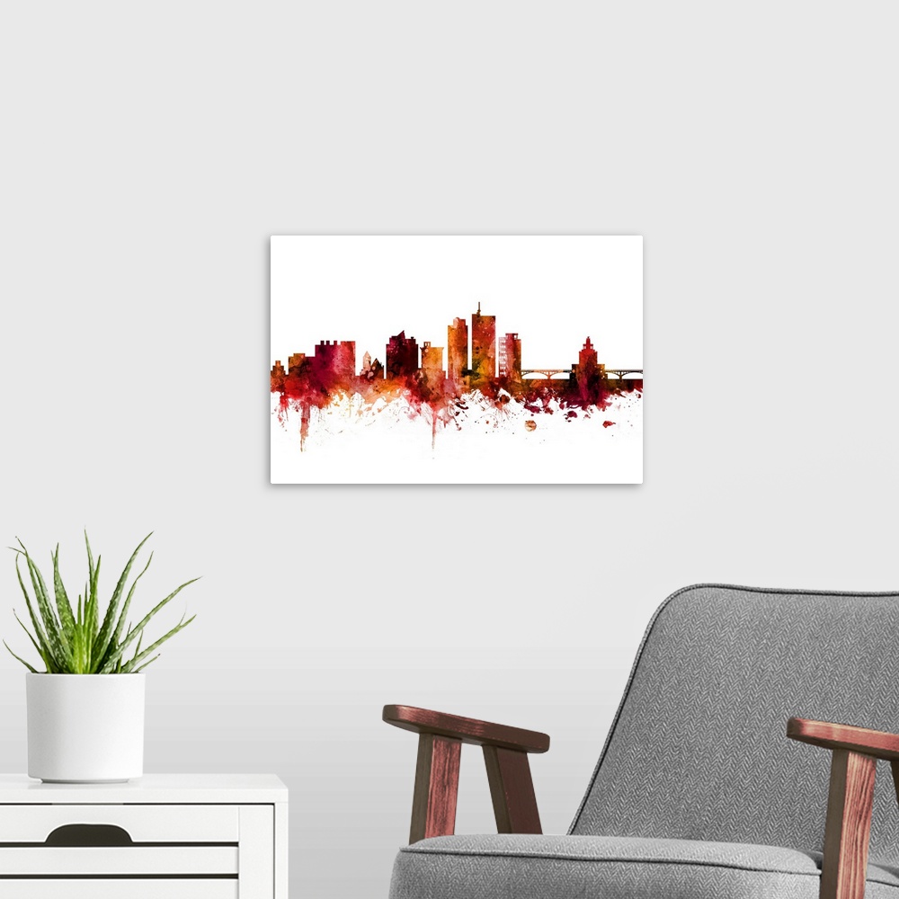 A modern room featuring Watercolor art print of the skyline of Cedar Rapids, Iowa, United States.