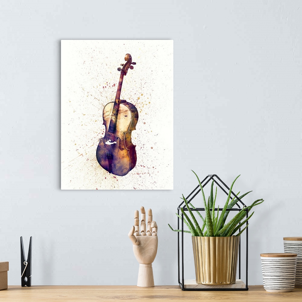 A bohemian room featuring Contemporary artwork of a cello with bright colorful watercolor paint splatter all over it.