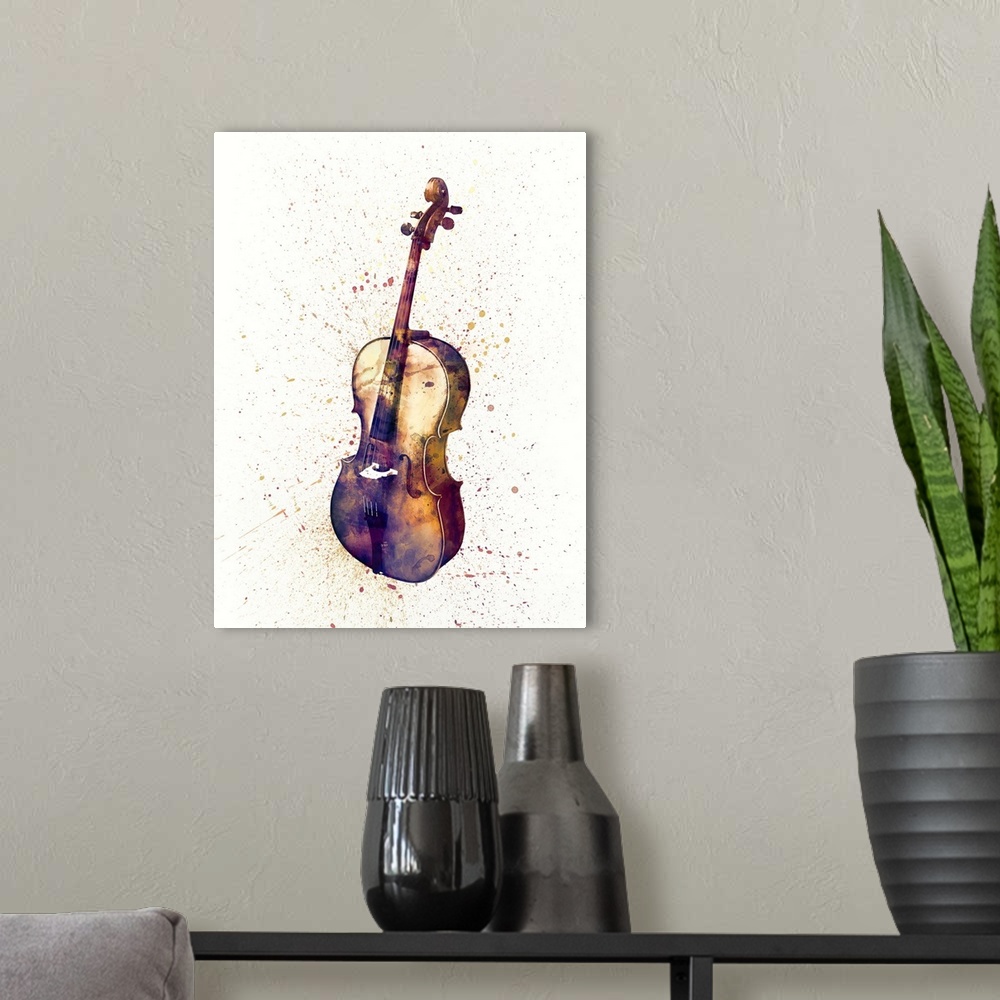 A modern room featuring Contemporary artwork of a cello with bright colorful watercolor paint splatter all over it.