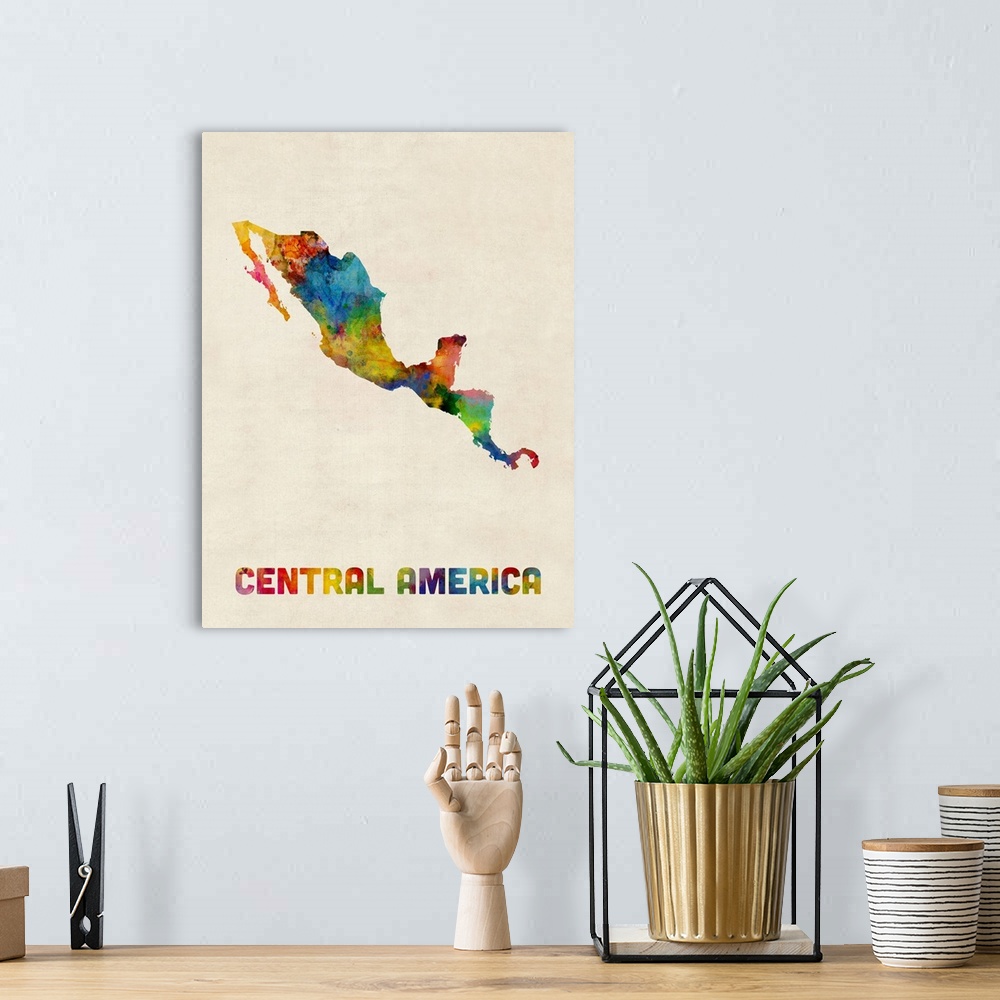 A bohemian room featuring A watercolor map of Central America including Mexico.