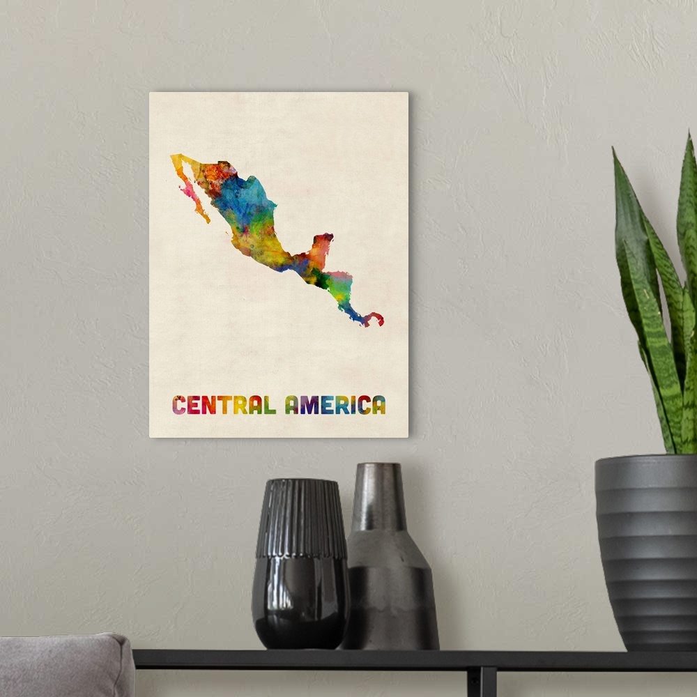 A modern room featuring A watercolor map of Central America including Mexico.