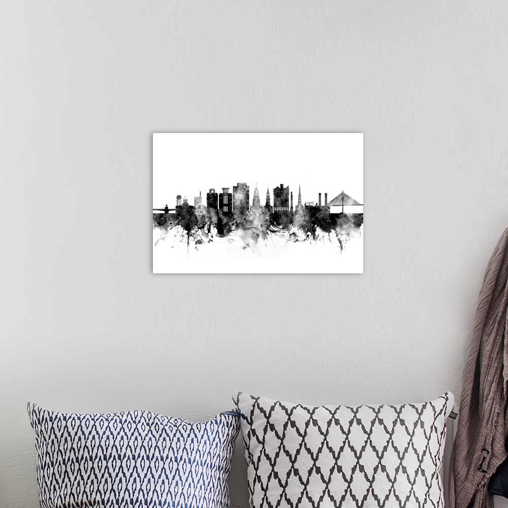 A bohemian room featuring Watercolor art print of the skyline of Charleston, South Carolina, United States.