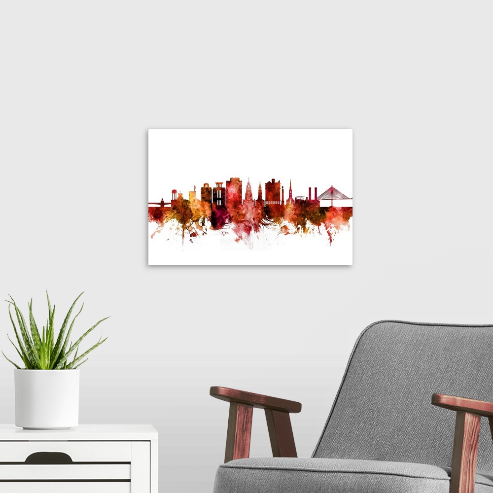 A modern room featuring Watercolor art print of the skyline of Charleston, South Carolina, United States.