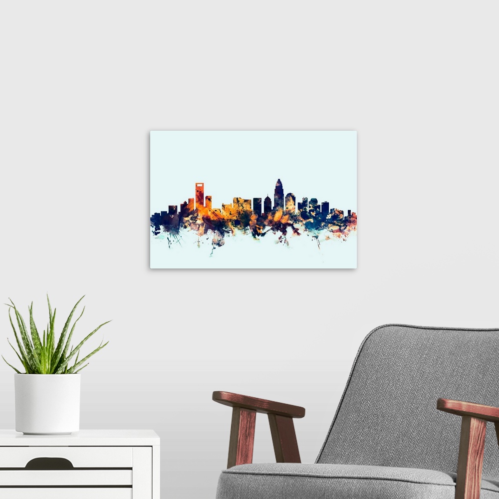 A modern room featuring Dark watercolor silhouette of the Charlotte city skyline against a light blue background.