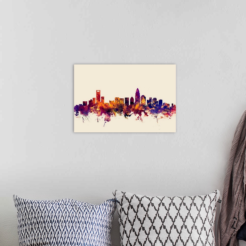 A bohemian room featuring Dark watercolor splattered silhouette of the Charlotte city skyline.