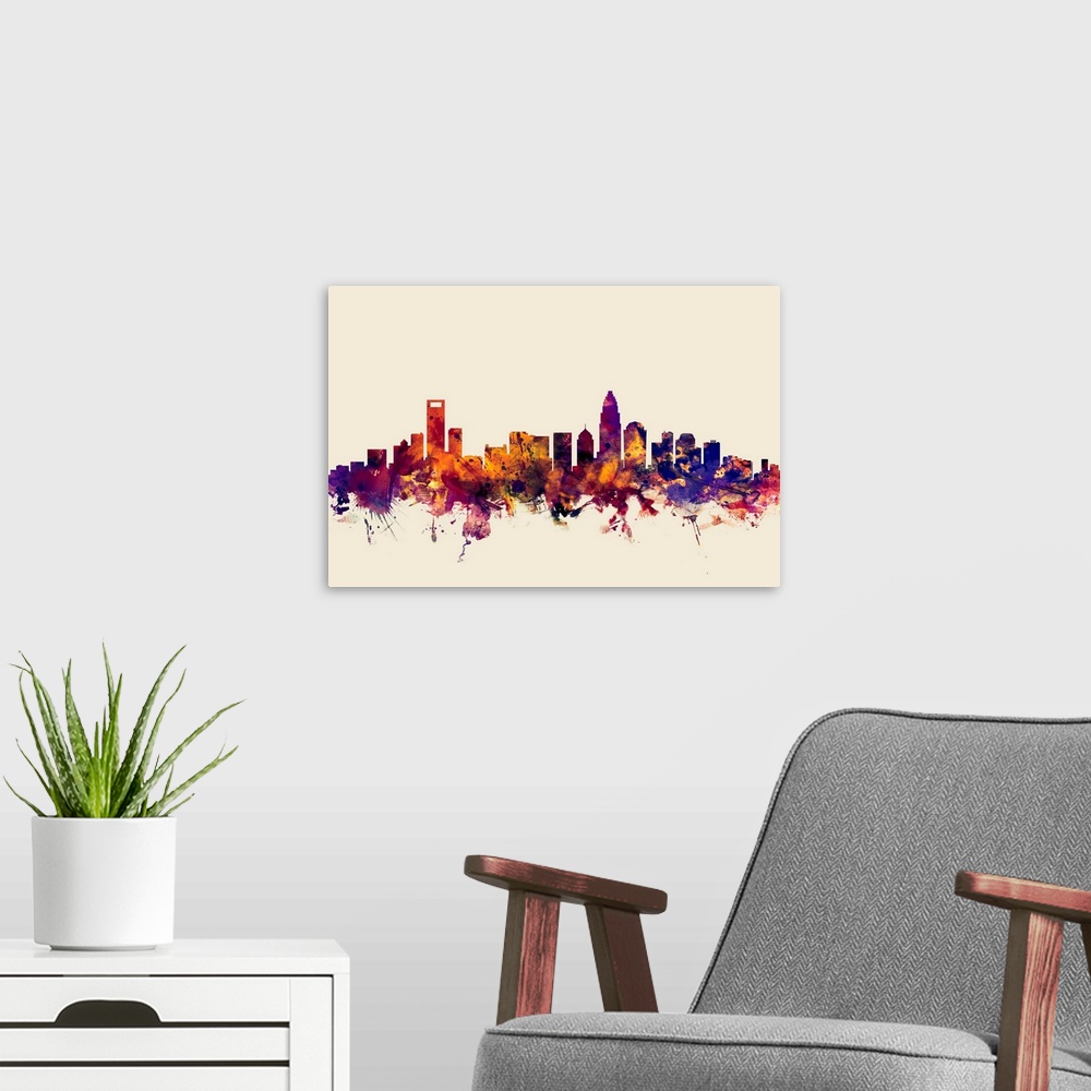 A modern room featuring Dark watercolor splattered silhouette of the Charlotte city skyline.