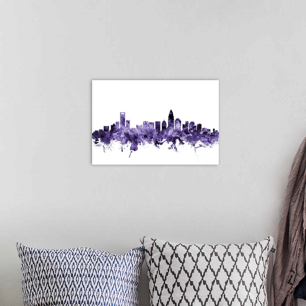 A bohemian room featuring Watercolor art print of the skyline of Charlotte, North Carolina, United States