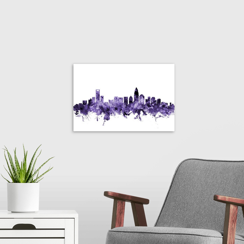 A modern room featuring Watercolor art print of the skyline of Charlotte, North Carolina, United States