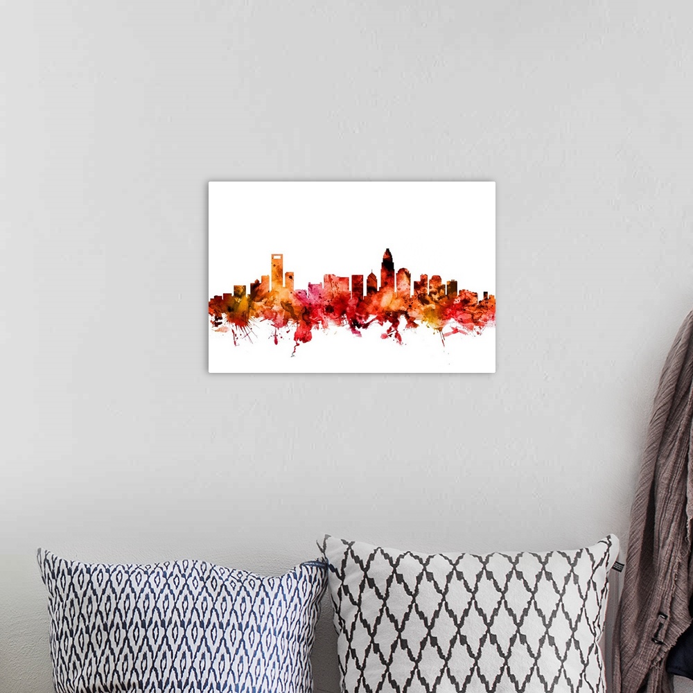 A bohemian room featuring Watercolor art print of the skyline of Charlotte, North Carolina, United States.