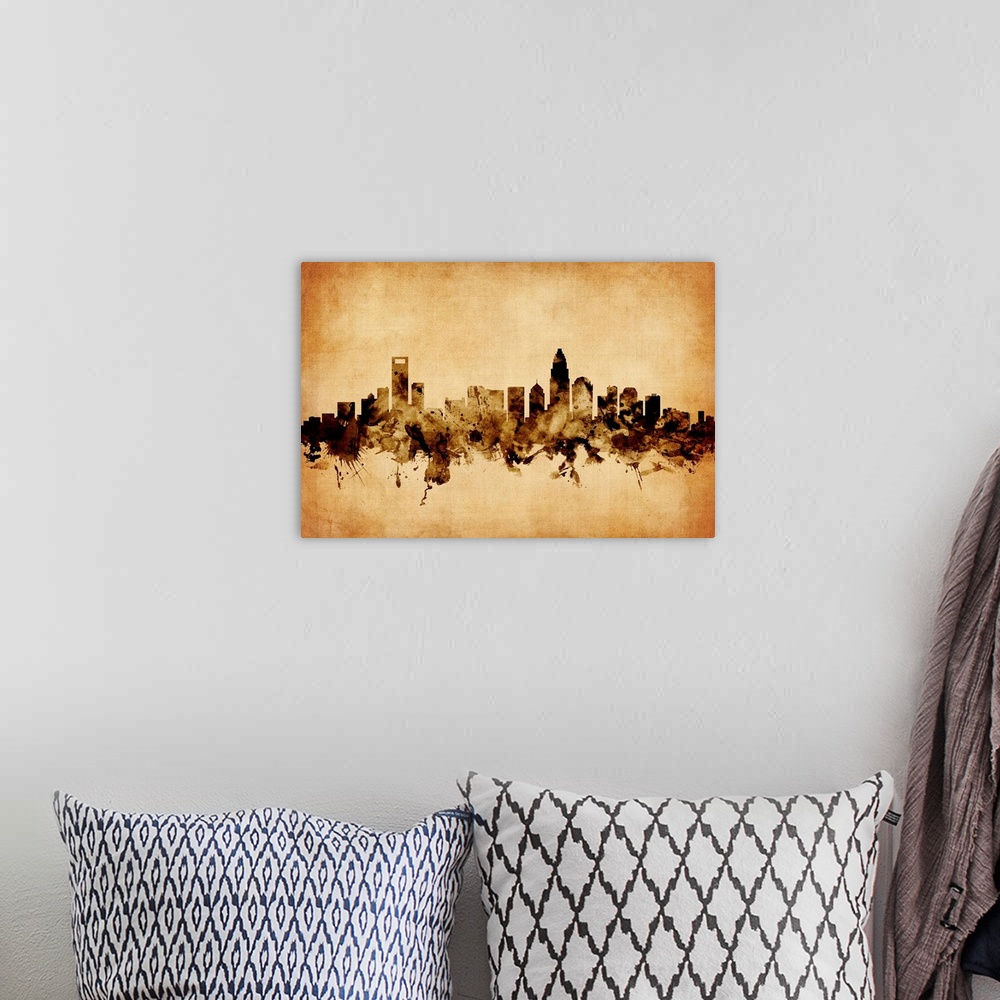 A bohemian room featuring Watercolor art print of the skyline of Charlotte, North Carolina, United States.