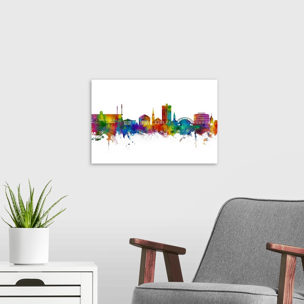 A modern room featuring Watercolor art print of the skyline of Charlottesville, Virginia