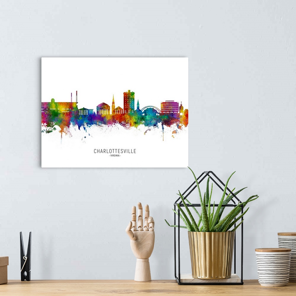 A bohemian room featuring Watercolor art print of the skyline of Charlottesville, Virginia
