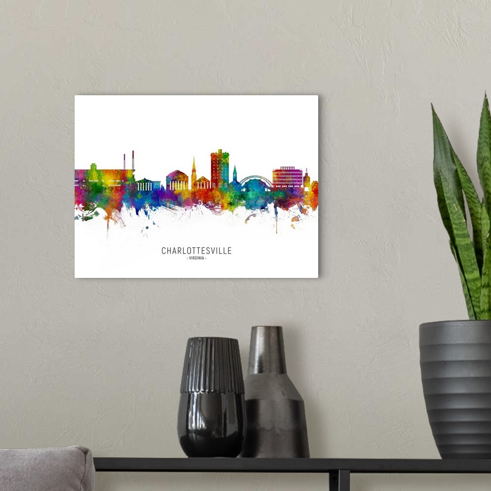 A modern room featuring Watercolor art print of the skyline of Charlottesville, Virginia