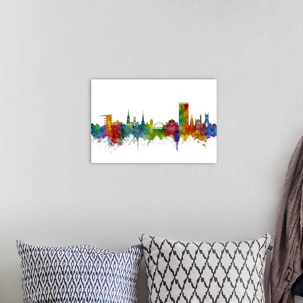 A bohemian room featuring Watercolor art print of the skyline of Cheltenham, England, United Kingdom.