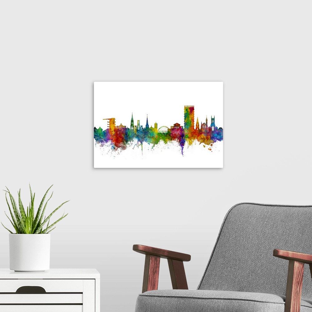 A modern room featuring Watercolor art print of the skyline of Cheltenham, England, United Kingdom.