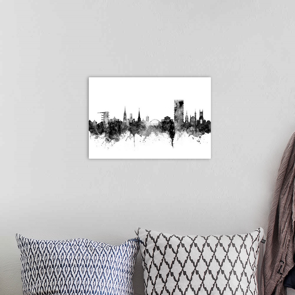 A bohemian room featuring Watercolor art print of the skyline of Cheltenham, England, United Kingdom.
