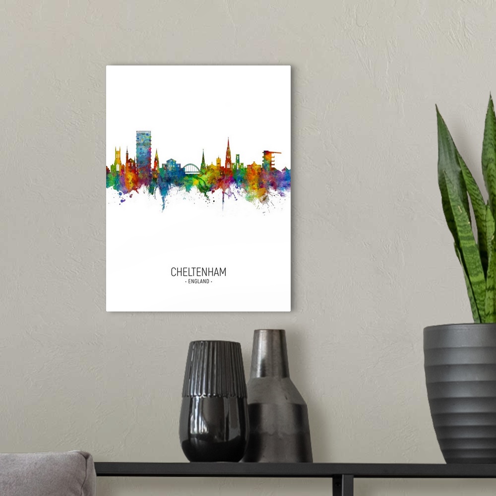 A modern room featuring Watercolor art print of the skyline of Cheltenham, England, United Kingdom