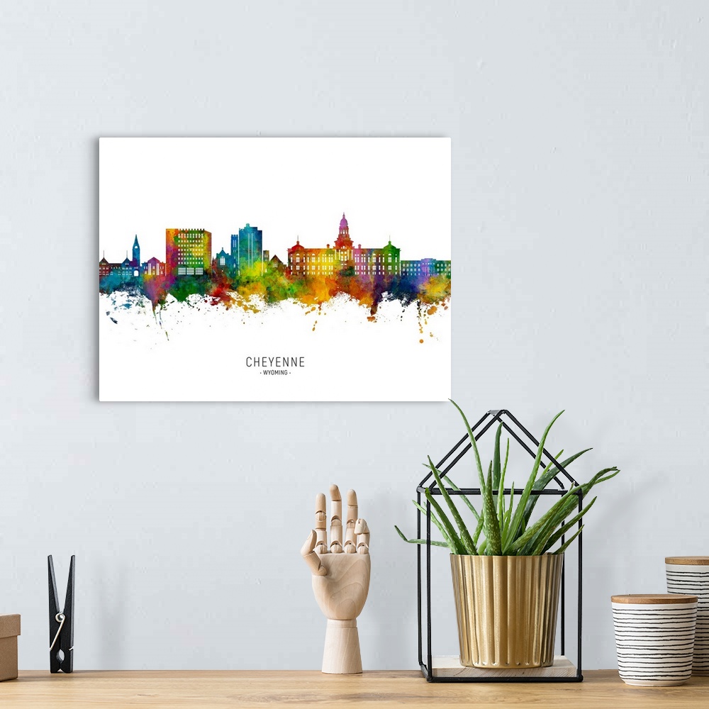 A bohemian room featuring Watercolor art print of the skyline of Cheyenne, Wyoming, United States