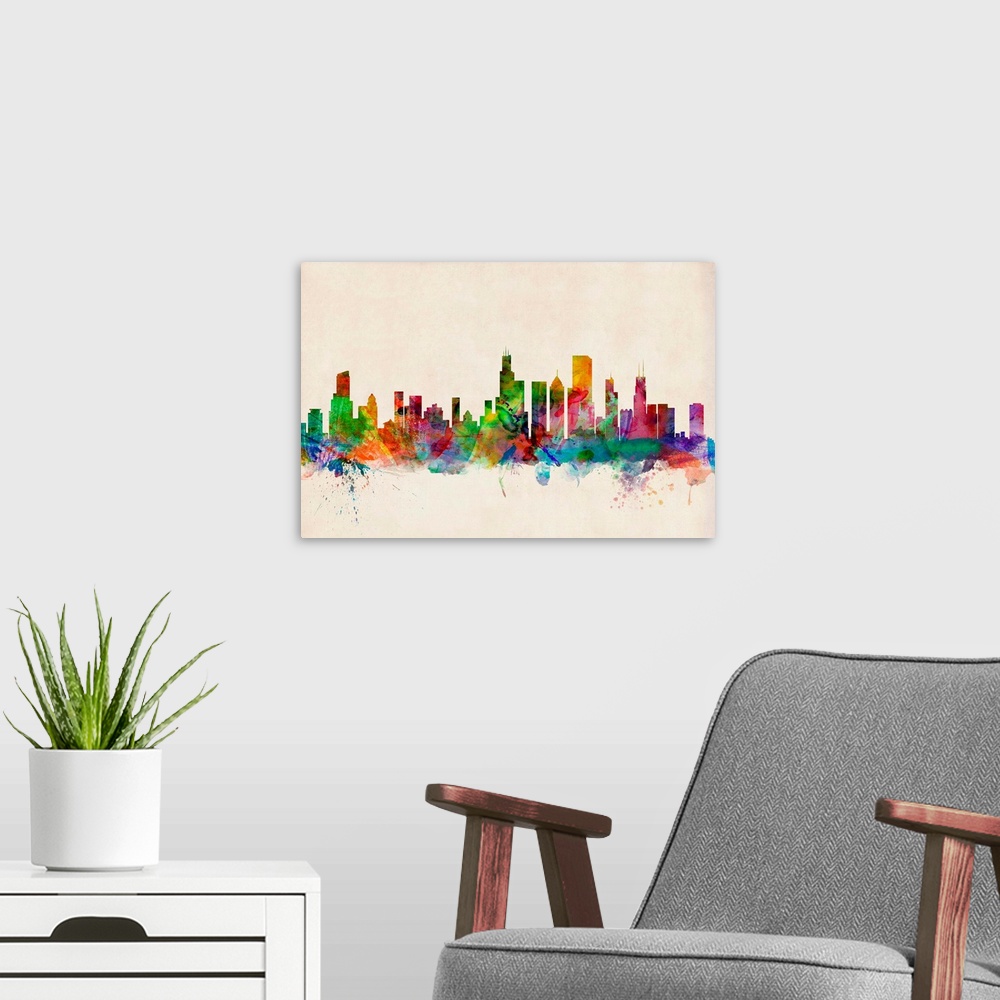 A modern room featuring Chicago City Skyline