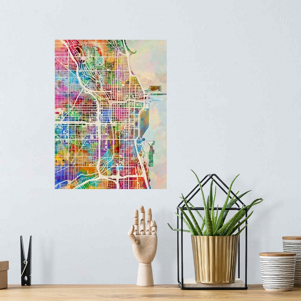 A bohemian room featuring Watercolor art map of Chicago city streets.