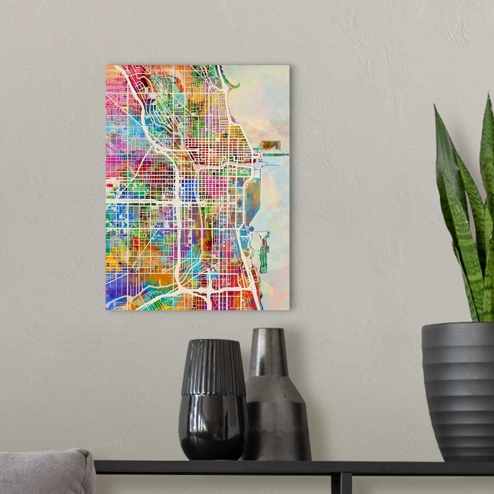 A modern room featuring Watercolor art map of Chicago city streets.