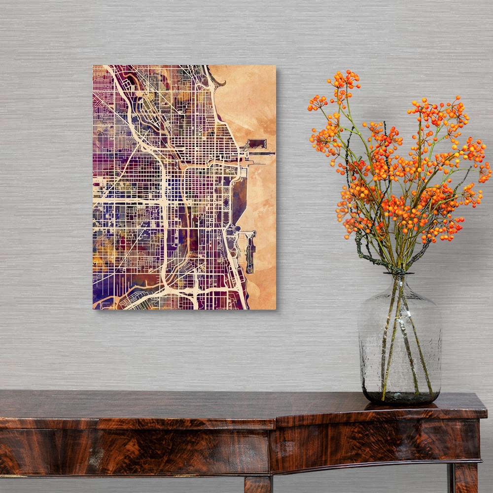 A traditional room featuring Contemporary watercolor city street map of Chicago.