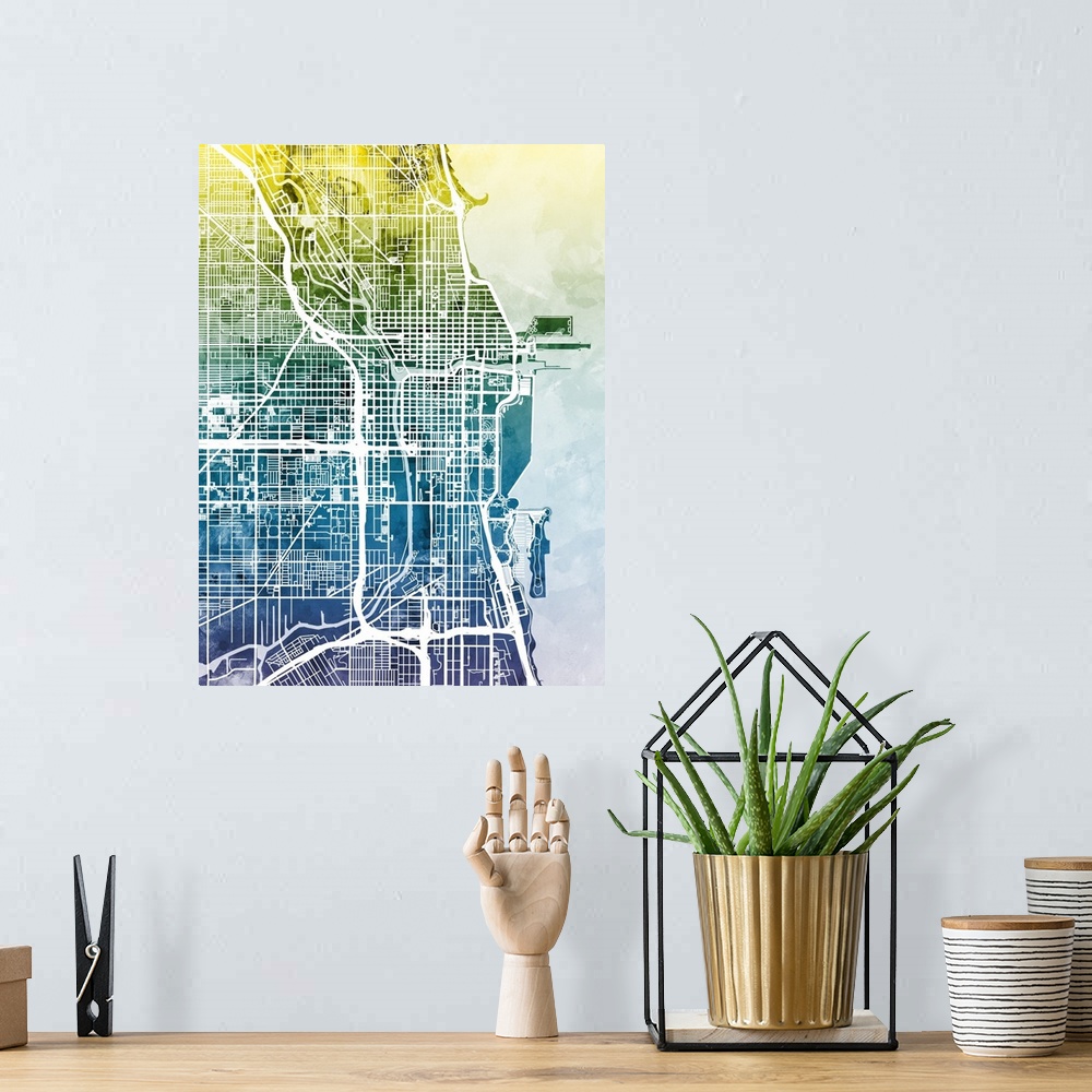 A bohemian room featuring Contemporary watercolor city street map of Chicago.