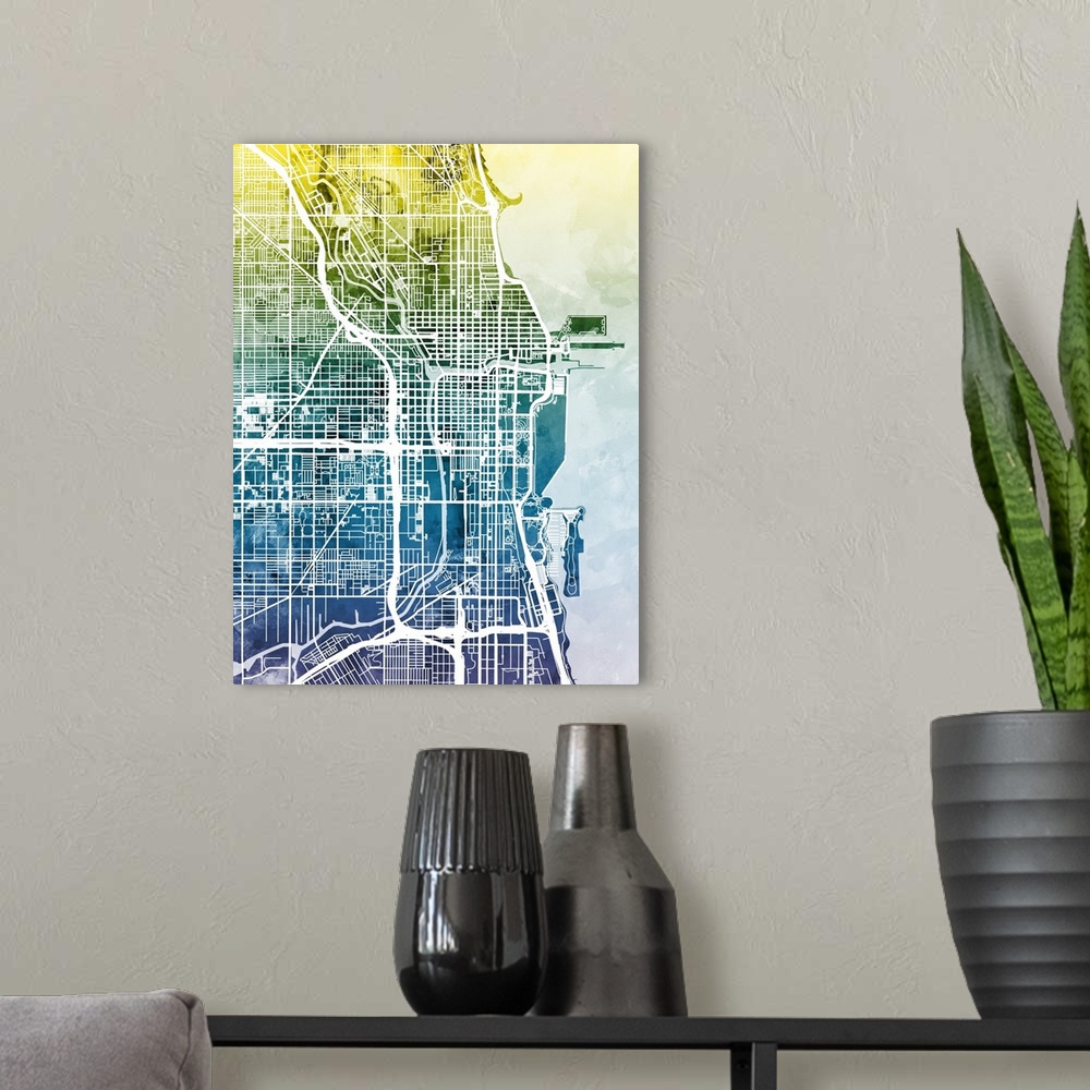 A modern room featuring Contemporary watercolor city street map of Chicago.
