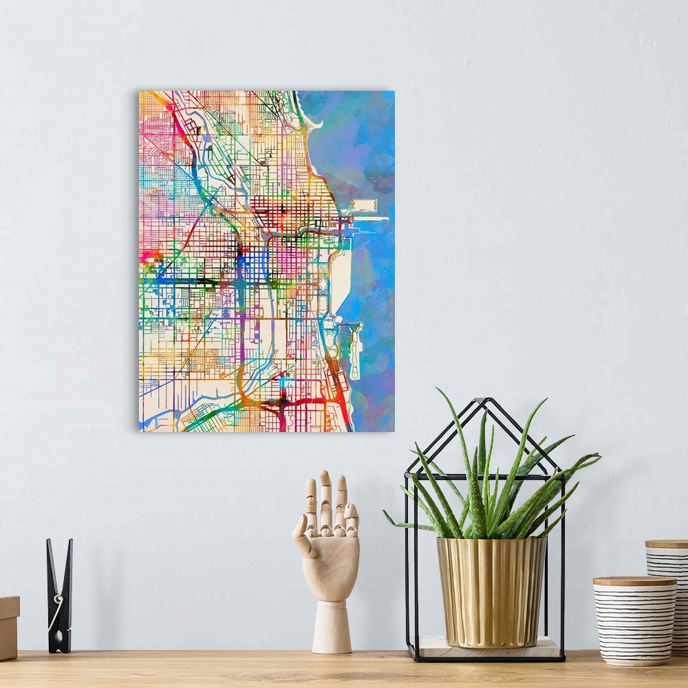 A bohemian room featuring Contemporary watercolor city street map of Chicago.