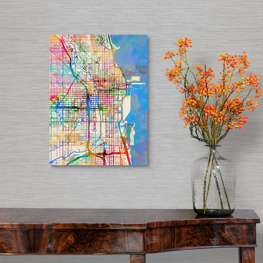 A traditional room featuring Contemporary watercolor city street map of Chicago.
