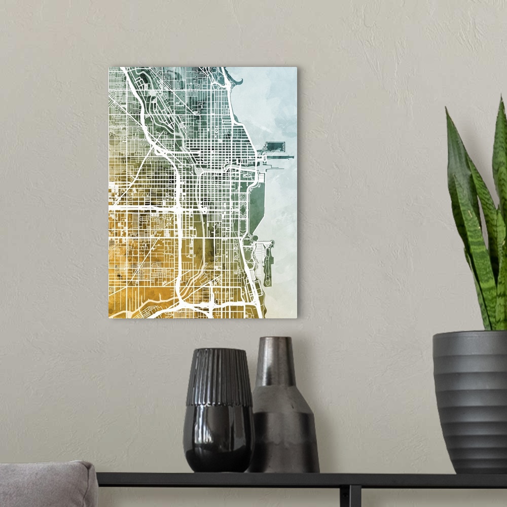 A modern room featuring A watercolor street map of Chicago, Illinois, United States