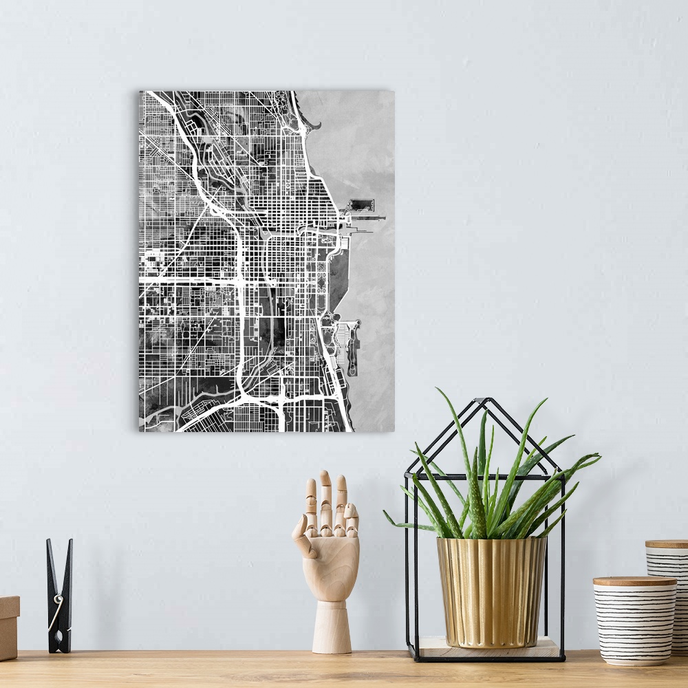 A bohemian room featuring A watercolor street map of Chicago, Illinois, United States.