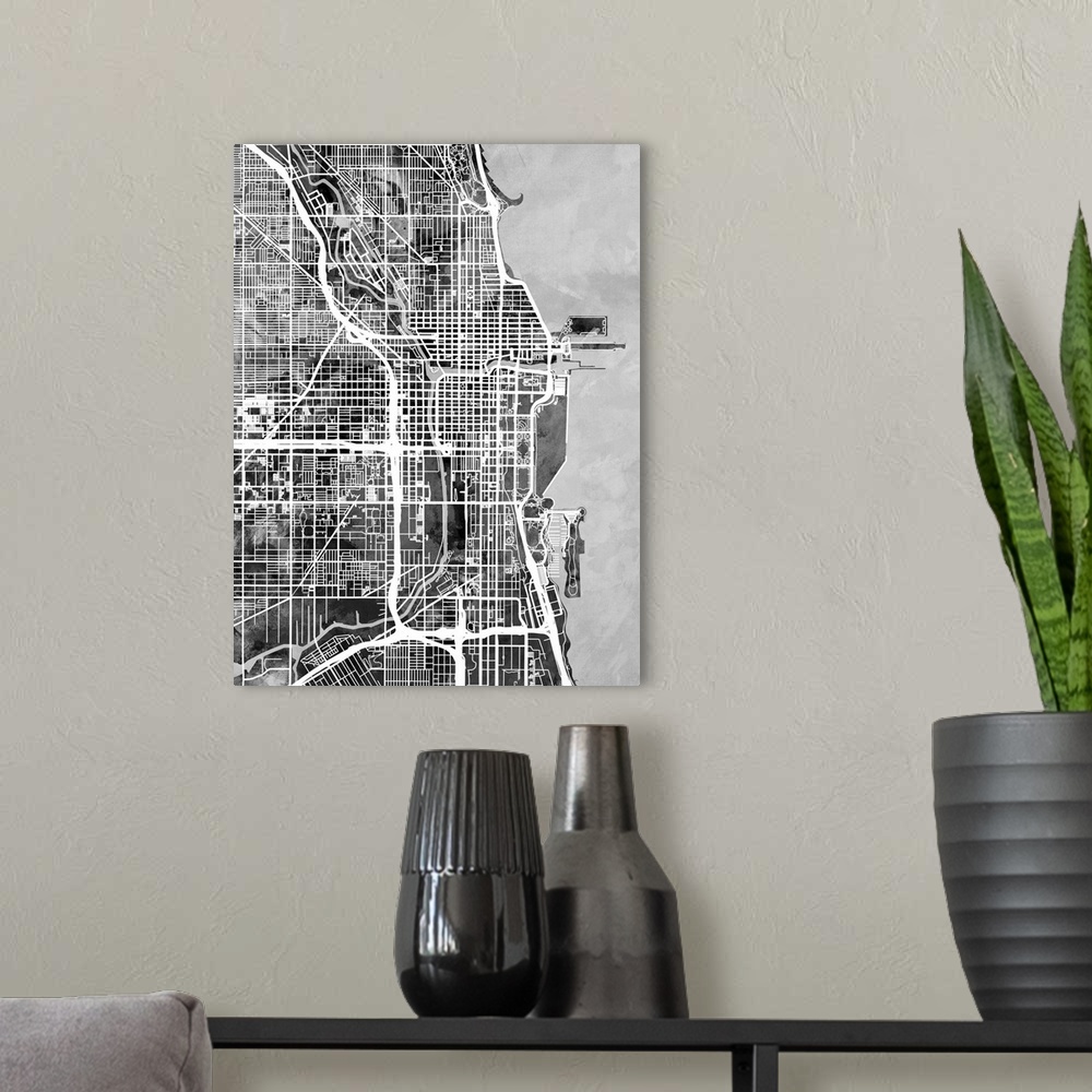 A modern room featuring A watercolor street map of Chicago, Illinois, United States.
