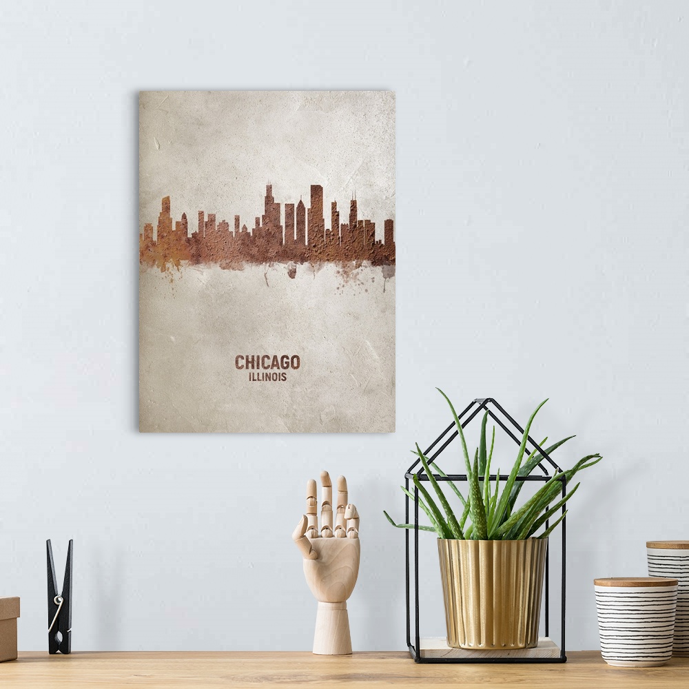 A bohemian room featuring Art print of the skyline of Chicago, Illinois, United States. Rust on concrete.