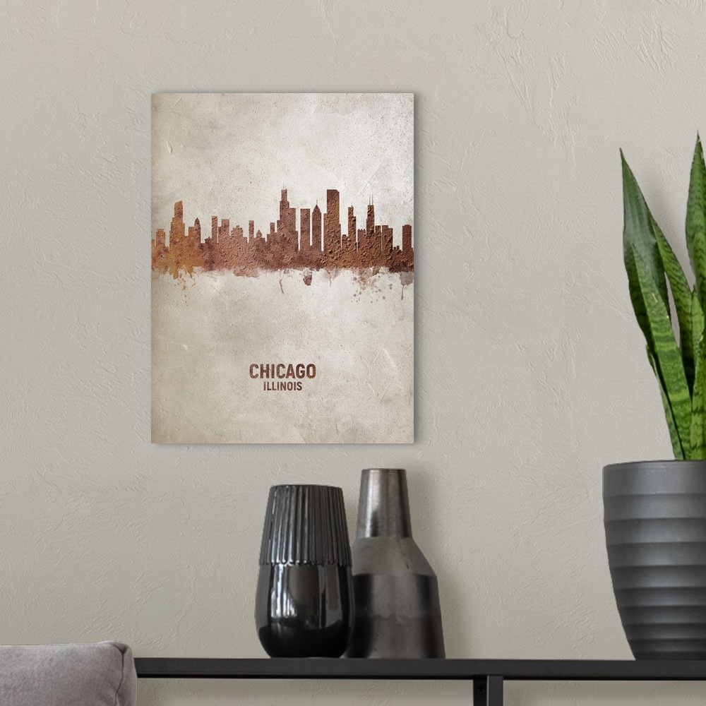 A modern room featuring Art print of the skyline of Chicago, Illinois, United States. Rust on concrete.