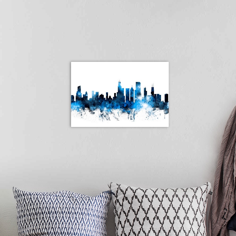 A bohemian room featuring Contemporary piece of artwork of the Chicago skyline made of colorful paint splashes.