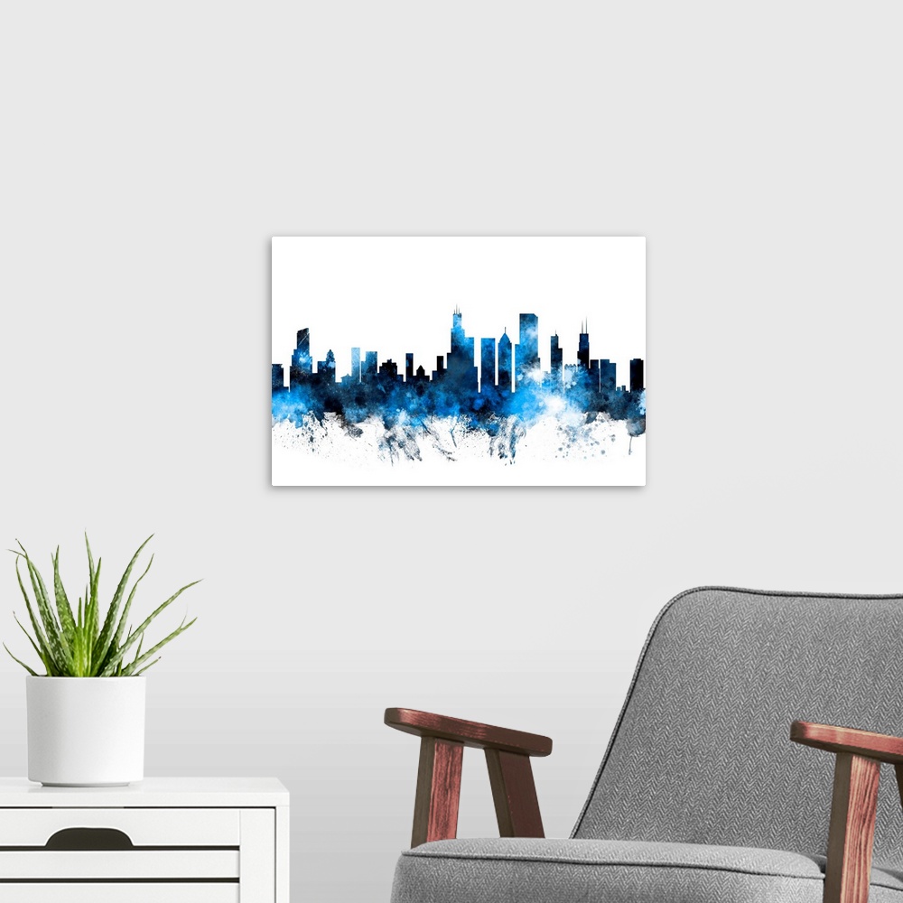 A modern room featuring Contemporary piece of artwork of the Chicago skyline made of colorful paint splashes.