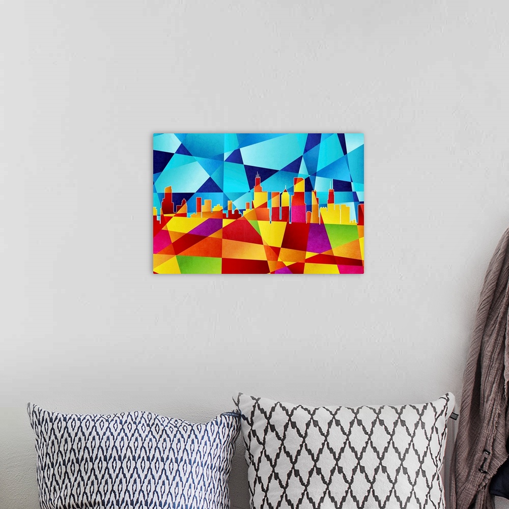 A bohemian room featuring Contemporary artwork of a geometric and prismatic skyline of Chicago.