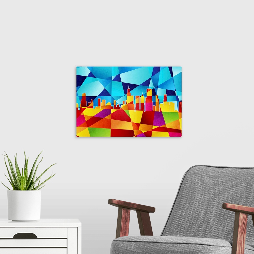 A modern room featuring Contemporary artwork of a geometric and prismatic skyline of Chicago.