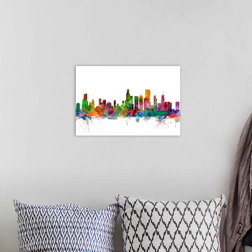 A bohemian room featuring Watercolor artwork of the Chicago skyline against a white background.