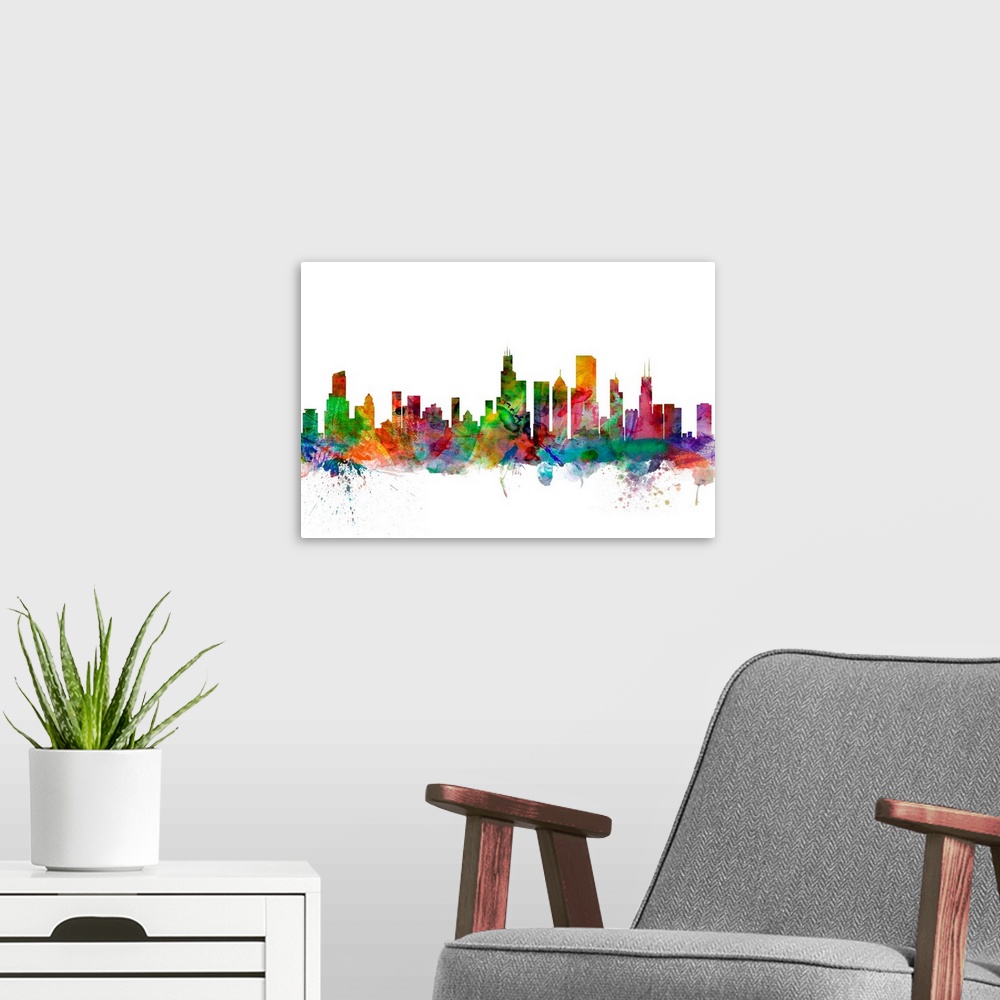 A modern room featuring Watercolor artwork of the Chicago skyline against a white background.