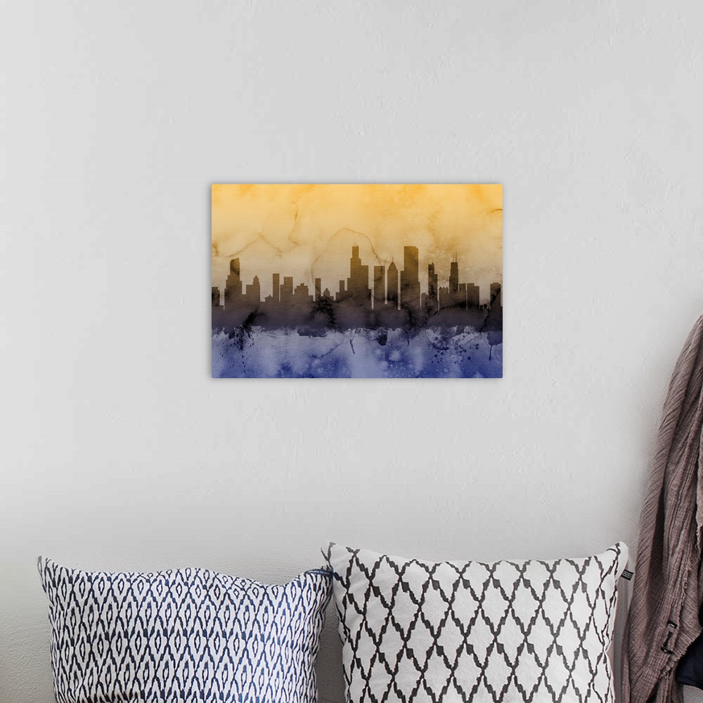 A bohemian room featuring Watercolor art map of the Chicago skyline.