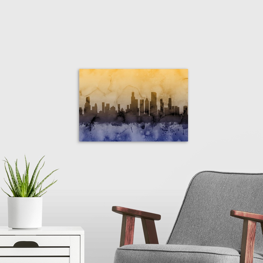 A modern room featuring Watercolor art map of the Chicago skyline.