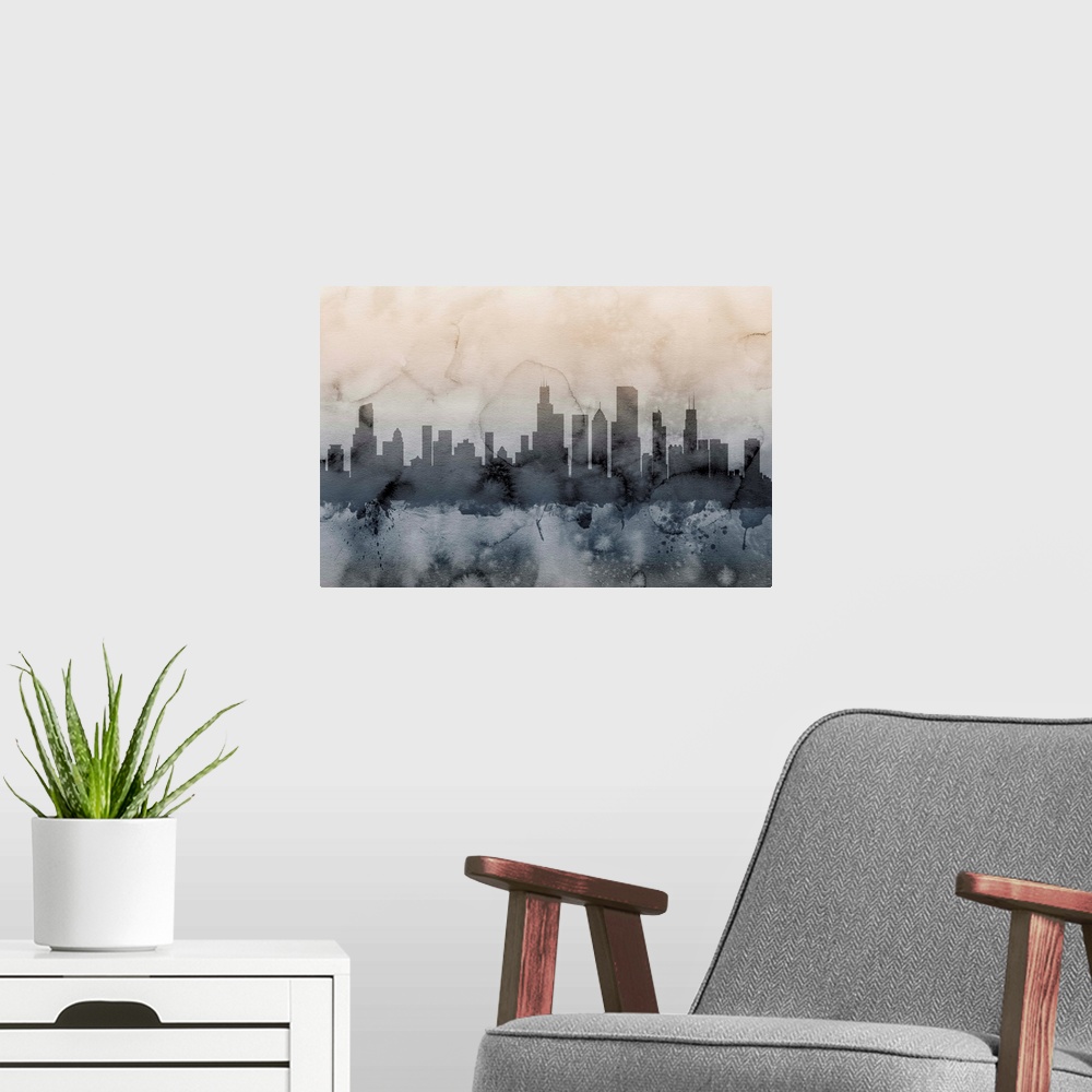 A modern room featuring Watercolor art map of the Chicago skyline.