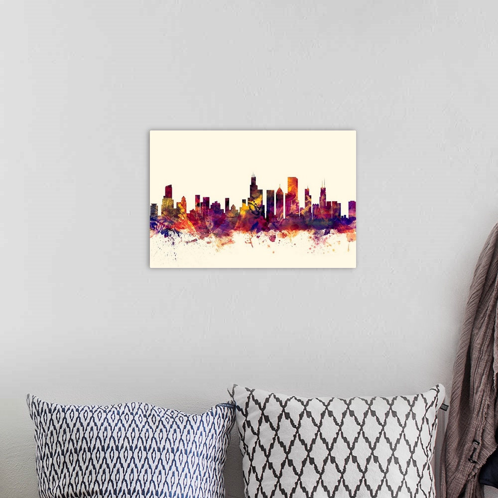 A bohemian room featuring Watercolor artwork of the Chicago skyline against a beige background.